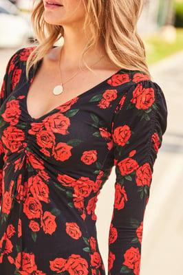 Black & Red Floral Print Ruched Front V Neck Midi Jersey Dress