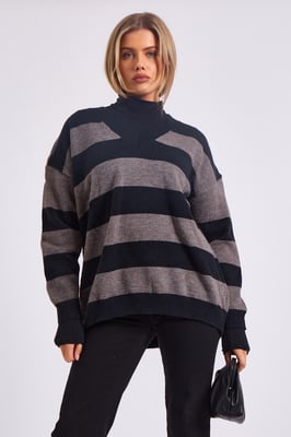 Grey Wide Stripe Oversized Jumper