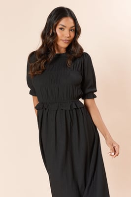 Puff Sleeve Shirred Bodice Peplum Midi Dress
