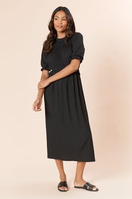 Puff Sleeve Shirred Bodice Peplum Midi Dress