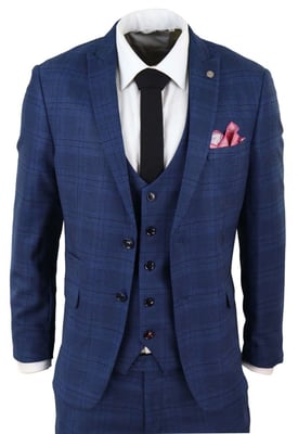 Heren 3-delig blauw birdseye geruit klassiek pak
