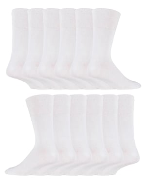 12 Pair Multipack Gentle Grip Top Diabetic Socks | IOMI | Mid Calf Loose Top Non Elastic Cotton Socks with Handlinked Seamless Toe - White