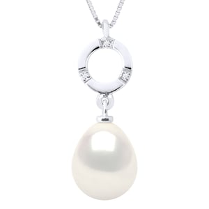 Necklace Jewelry Diamond 0.01Cts White Gold and Real Cultured Freshwater Pearl Pear 9-10 mm
