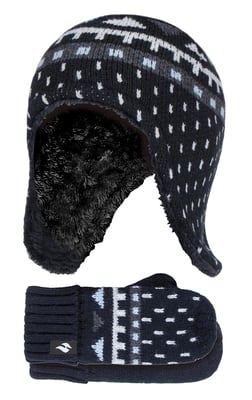 Heat Holders - Boys Outdoor Faux Fur Pom Pom Hat with Ear Flaps & Mittens Gloves - Black