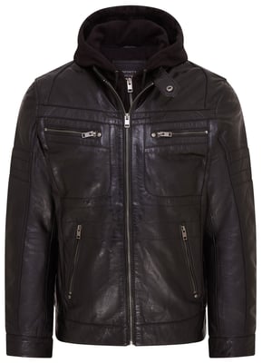 Herr Black Hooded Leather Biker Jacket - Stavern