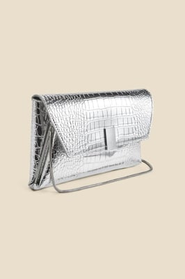 Silver Metallic Croc Clutch Bag With Clasp