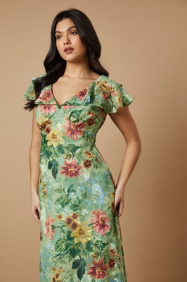 Floral Satin Burnout Ruffle Midi Dress