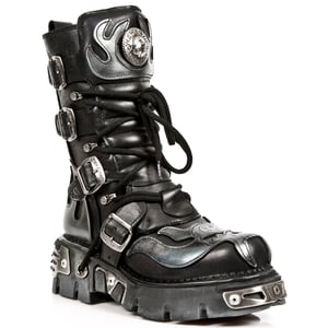New Rock Flame Accented Biker Boots i svart/silverfärgat läder - 107-S2