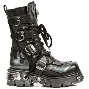 New Rock Flame Accented Biker Boots i svart/silverfärgat läder - 107-S2
