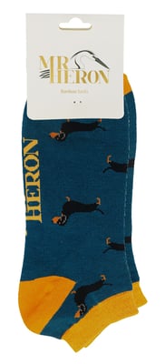 Mens Bamboo Trainer Socks | Mr Heron | Animal Themed Breathable Low Cut Sneaker Socks - Sausage Dog (Teal)