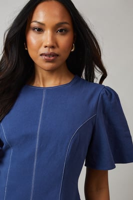 Royal Blue Seam Detail Inserted Pleat Detail Midi Dress