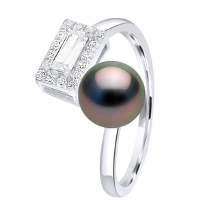 Ring adjustable Cubic Zirconia - Real Cultured Tahiti Pearl Round 8-9 mm