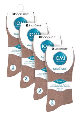 12 Pair Multipack Gentle Grip Top Diabetic Socks | IOMI | Mid Calf Loose Top Non Elastic Cotton Socks with Handlinked Seamless Toe - Beige