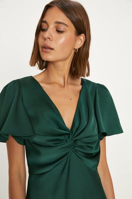 Satin Twist Front Angel Sleeve Midi Bridesmaids Dress