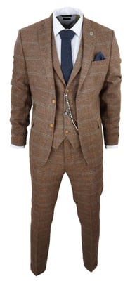 Heren 3-Piece Wollen Pak Eikenbruin Tweed Visgraat Ruit Peaky Blinders Gatsby