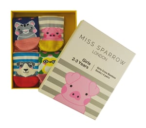 Miss Sparrow - 4 Pack Girls Bamboo Socks | Kids Novelty Animal Pattern Socks in a Gift Box - Assorted