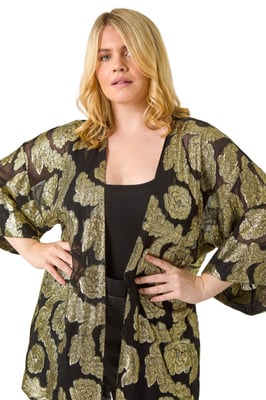 Curve Floral Foil Print Kimono