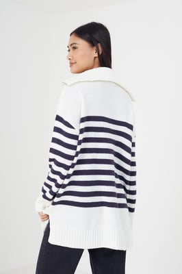 Ivory 'Fashion' Striped Oversized 1/2 Zip Knitted Jumper