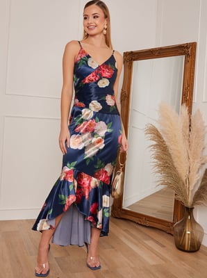 Petite Sleeveless Floral Print Midi Dress in Navy