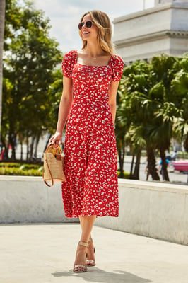 Red Ditsy Floral Print Puff Sleeve Jersey Midi Dress