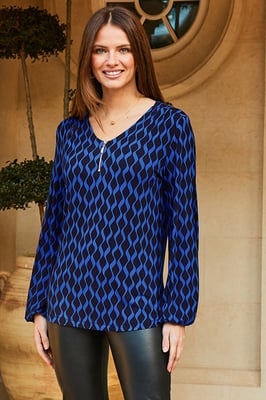 Blue Geometric Print Zip Neck Top
