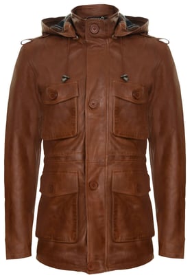 Hooded Trench Multi-Pocket Overcoat Leather Jacket