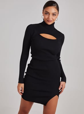 Ribbed Roll Neck Front Split Dress