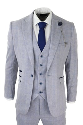 Heren 3-delig tweed pak lichtblauw geruit Peaky Blinders 1920 Gatsby trouwpak