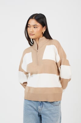 Camel Striped Half Zip Knitted Jumper