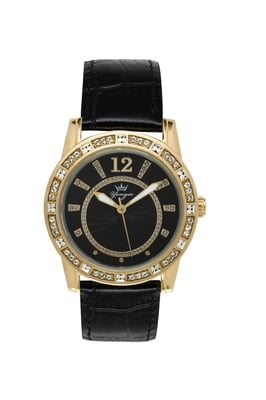 Yonger and Bresson Black Dial Black Band Watch With Gold Case