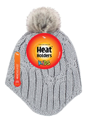 Heat Holders - Kabelstickad mössa för flickor med Pom Pom Bobble för vintern | Varm värmeisolerad mössa - Molngrå