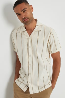 Natural 'Lightwood' Textured Stripe Revere Collar Short Sleeve Shirt