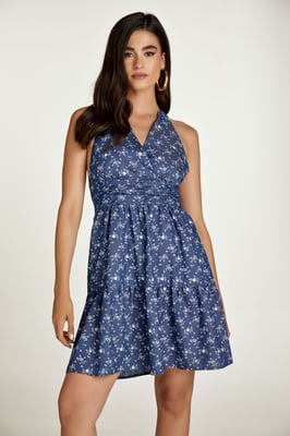 Indigo Blommig Empire Line Miniklänning