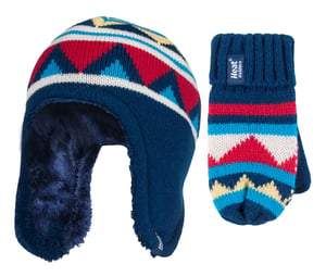 Heat Holders - Childrens Boys Winter Warm Fleece Lined Thermal Hat and Mittens Set with Ear Flaps - NM1P4