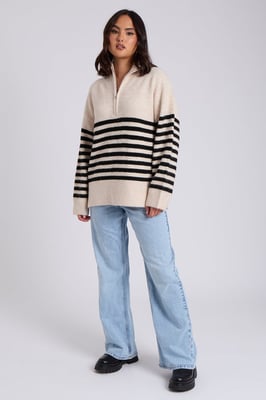 Cream Half Zip Stripe Jumper