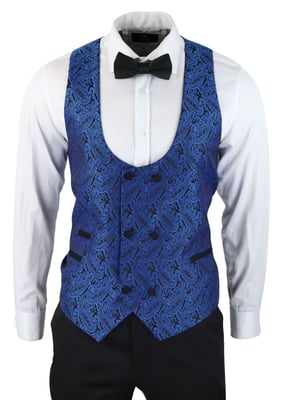Heren blauwe smoking blazer vest brokaat zwart satijn paisley dinerjack