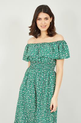 Mela Green Ditsy Daisy Printed Dipped Hem Bardot Dress