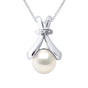 Halsketting Sieraden Diamant 0,01Cts Wit Goud en Echte Gecultiveerde Zoetwater Pareloester 6-7 mm