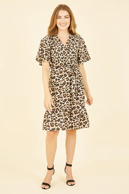 Brown Animal Print Wrap Over Skater Dress