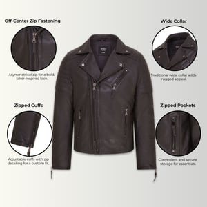Mens Black Brando Double Cross Zip Leather Biker Jacket- Fagernes