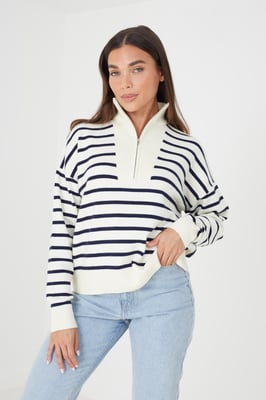 Ivory 'Jottie' Striped 1/2 Zip Knitted Jumper