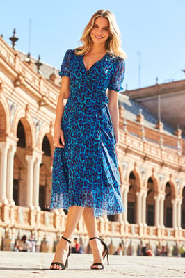 Cobalt Blue Animal Print Mesh Wrap Dress