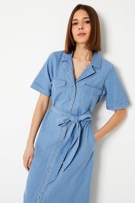 Denim Belted Button Through Midi Dress