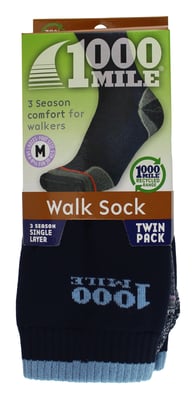 1000 Mile - 2 Pack Ladies Walking Single Layer Breathable Padded Socks - Navy