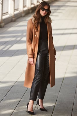 Camel Longline Faux Wool Trench Coat with Faux Fur Collar