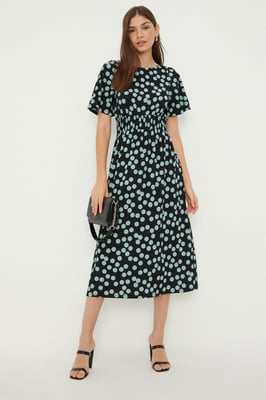 Spot Shirred Waist Short Sleeve Midi Dress