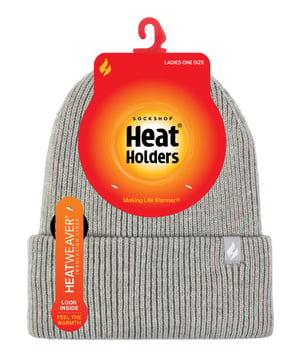 Ladies Fleece Lined Ribbed Turnover Hat | Heat Holders | Thermal Hat for Winter - Light Grey