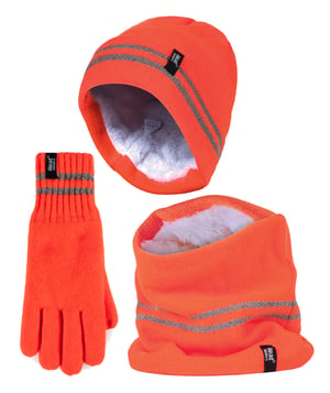 Hi Vis Hat, Neck Warmer & Gloves Set | Heat Holders | Reflective Workwear Set for Extreme Cold Weather - Orange