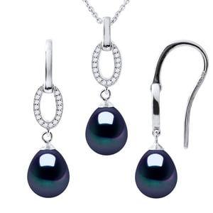 NORMANDY Adornment Necklace & Earrings Dangle Black Freshwater Pearl 925