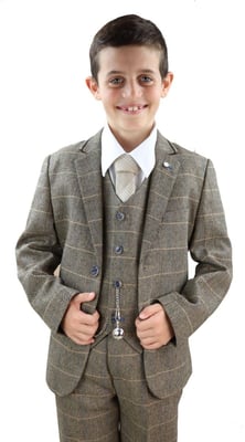 Boys 3 Piece Tan Brown Herringbone Tweed Check Classic Suit